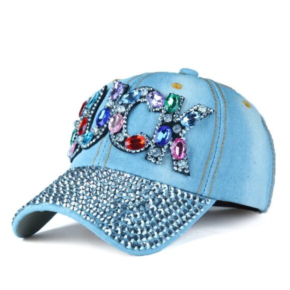 Women Adjustable Diamond Letter LUCK Outdoor Sunshade Hat Sunscreen Baseball Cap - Picture 3 of 9